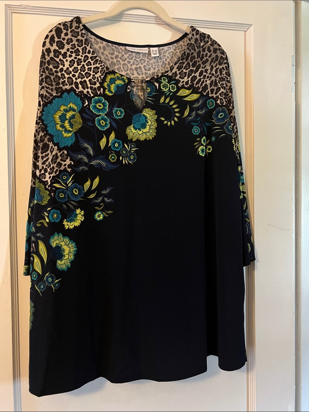 Susan Graver Black Tunic with Teal and Lime Floral & Leopard Yoke
